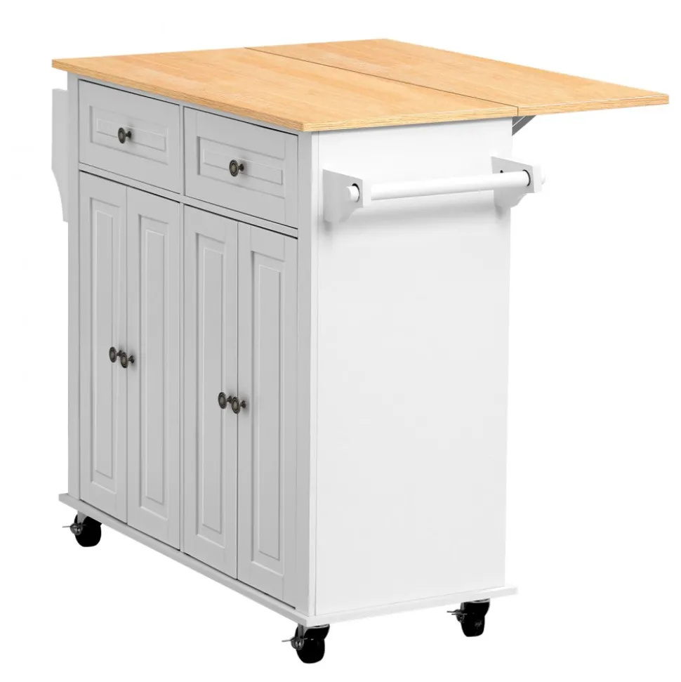 VEVOR Kitchen Island Cart with Storage, 43.58 in Wide Mobile Rolling Storage Island on Swivel Wheels, with 2 Drawers, Storage Cabinet, Drop Leaf, Spice/Towel Rack, Table for Home Dining Room, White