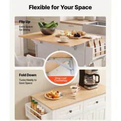 VEVOR Kitchen Island Cart with Storage, 43.58 in Wide Mobile Rolling Storage Island on Swivel Wheels, with 2 Drawers, Storage Cabinet, Drop Leaf, Spice/Towel Rack, Table for Home Dining Room, White