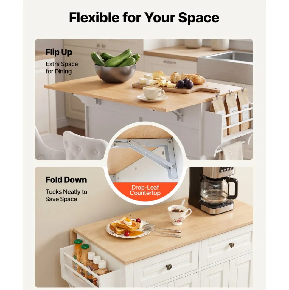 VEVOR Kitchen Island Cart with Storage, 43.58 in Wide Mobile Rolling Storage Island on Swivel Wheels, with 2 Drawers, Storage Cabinet, Drop Leaf, Spice/Towel Rack, Table for Home Dining Room, White