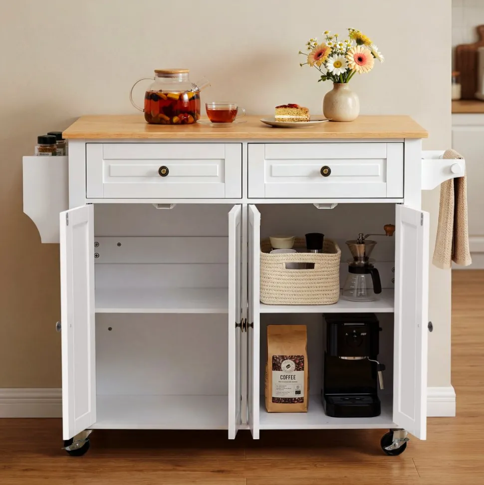 VEVOR Kitchen Island Cart with Storage, 43.58 in Wide Mobile Rolling Storage Island on Swivel Wheels, with 2 Drawers, Storage Cabinet, Drop Leaf, Spice/Towel Rack, Table for Home Dining Room, White