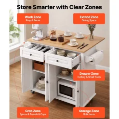 VEVOR Kitchen Island Cart with Storage, 43.58 in Wide Mobile Rolling Storage Island on Swivel Wheels, with 2 Drawers, Storage Cabinet, Drop Leaf, Spice/Towel Rack, Table for Home Dining Room, White