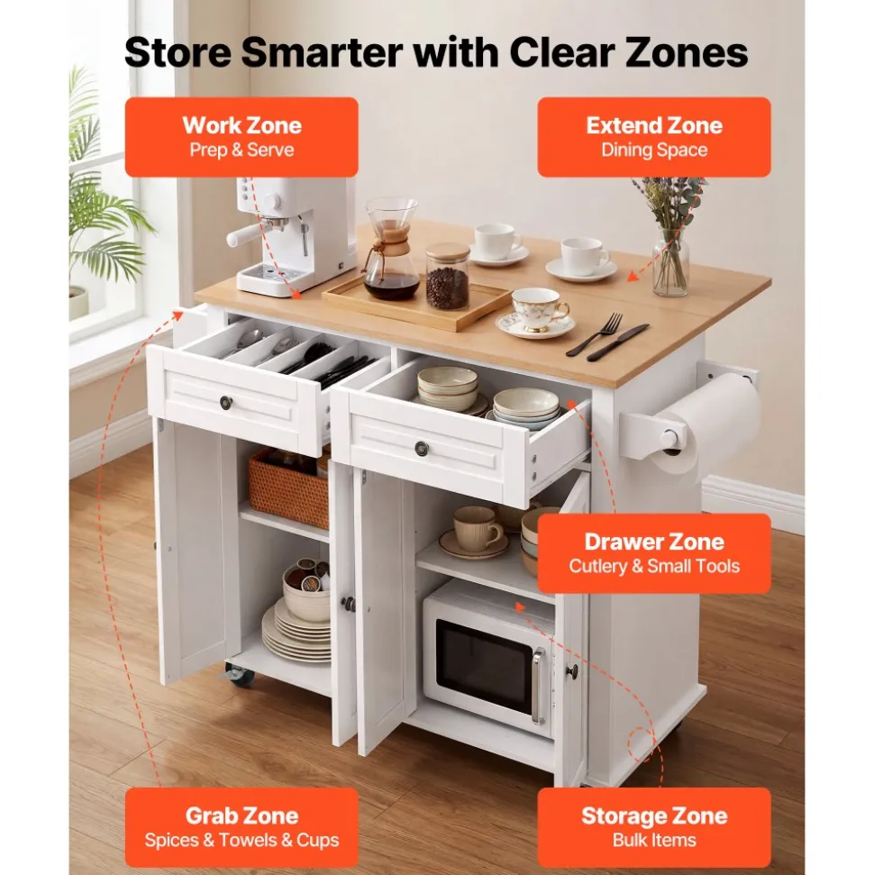VEVOR Kitchen Island Cart with Storage, 43.58 in Wide Mobile Rolling Storage Island on Swivel Wheels, with 2 Drawers, Storage Cabinet, Drop Leaf, Spice/Towel Rack, Table for Home Dining Room, White