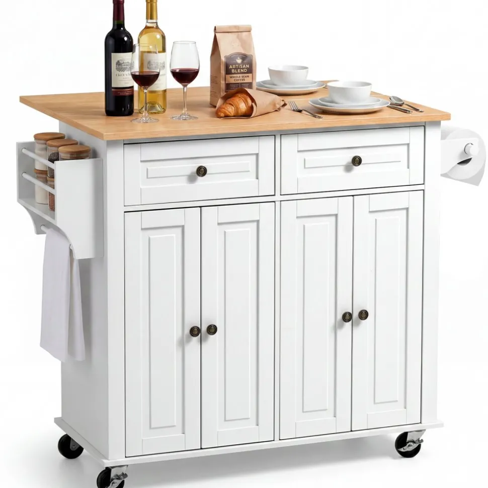 VEVOR Kitchen Island Cart with Storage, 43.58 in Wide Mobile Rolling Storage Island on Swivel Wheels, with 2 Drawers, Storage Cabinet, Drop Leaf, Spice/Towel Rack, Table for Home Dining Room, White