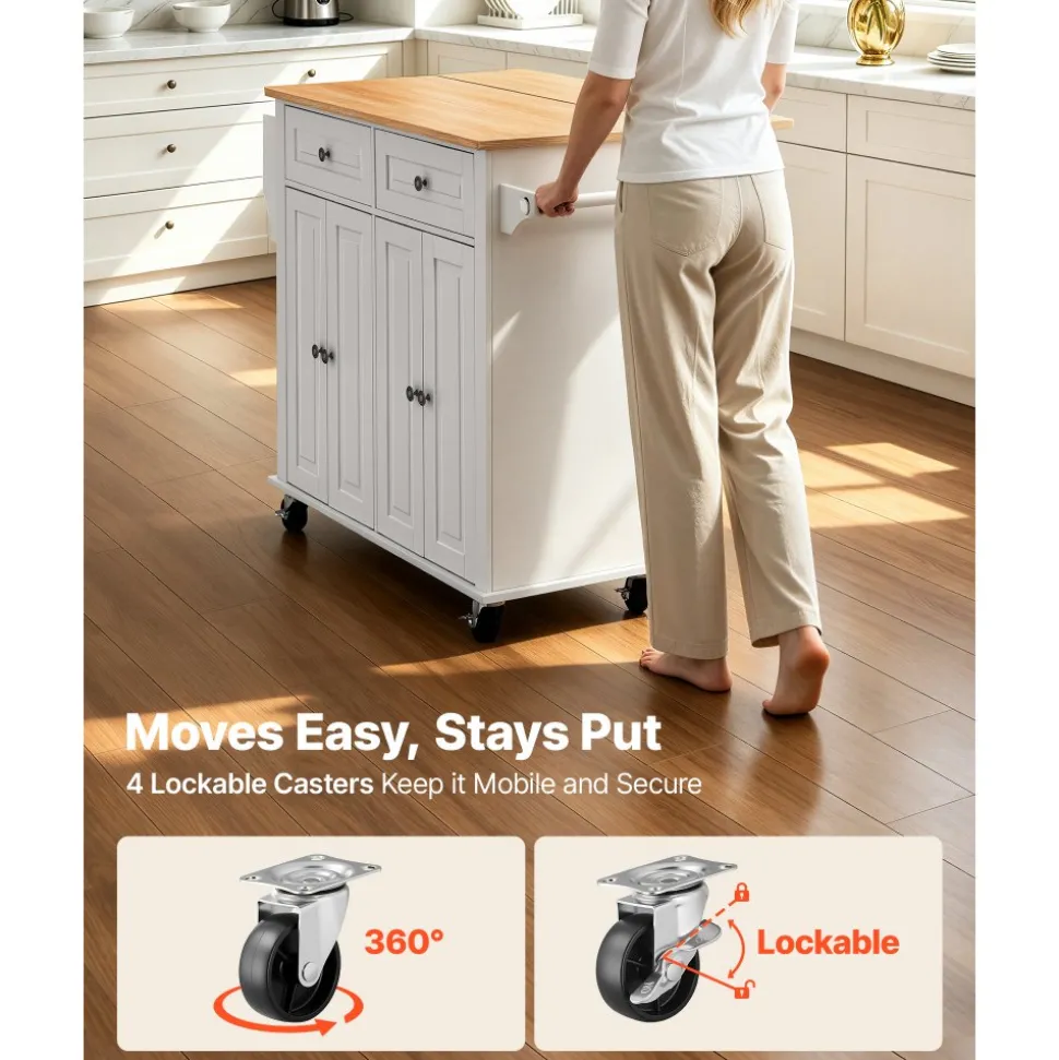 VEVOR Kitchen Island Cart with Storage, 43.58 in Wide Mobile Rolling Storage Island on Swivel Wheels, with 2 Drawers, Storage Cabinet, Drop Leaf, Spice/Towel Rack, Table for Home Dining Room, White