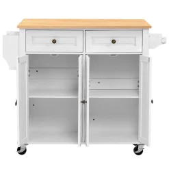 VEVOR Kitchen Island Cart with Storage, 43.58 in Wide Mobile Rolling Storage Island on Swivel Wheels, with 2 Drawers, Storage Cabinet, Drop Leaf, Spice/Towel Rack, Table for Home Dining Room, White