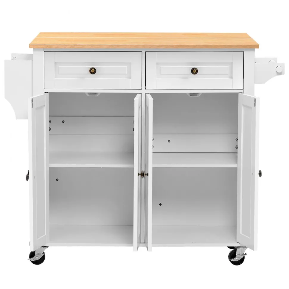VEVOR Kitchen Island Cart with Storage, 43.58 in Wide Mobile Rolling Storage Island on Swivel Wheels, with 2 Drawers, Storage Cabinet, Drop Leaf, Spice/Towel Rack, Table for Home Dining Room, White