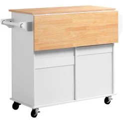 VEVOR Kitchen Island Cart with Storage, 43.58 in Wide Mobile Rolling Storage Island on Swivel Wheels, with 2 Drawers, Storage Cabinet, Drop Leaf, Spice/Towel Rack, Table for Home Dining Room, White