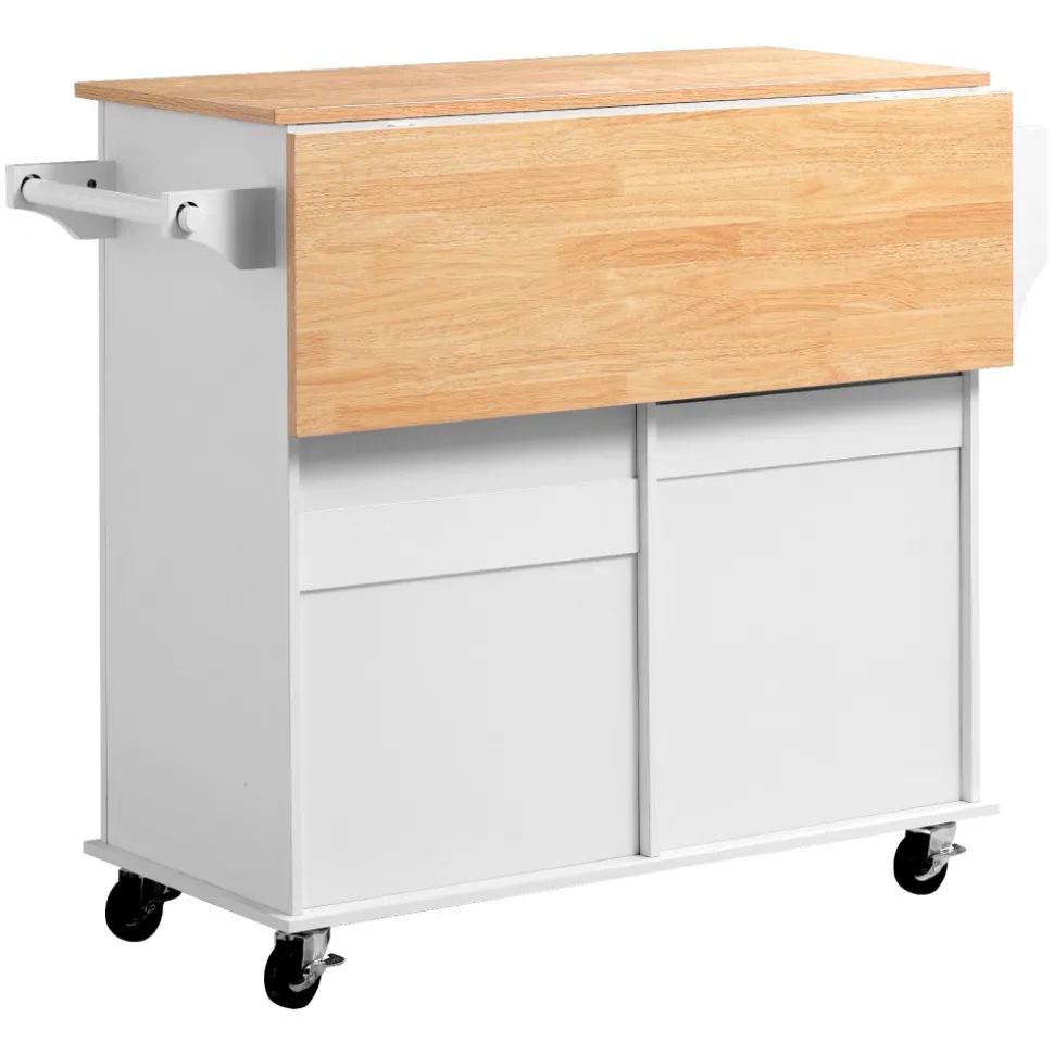 VEVOR Kitchen Island Cart with Storage, 43.58 in Wide Mobile Rolling Storage Island on Swivel Wheels, with 2 Drawers, Storage Cabinet, Drop Leaf, Spice/Towel Rack, Table for Home Dining Room, White
