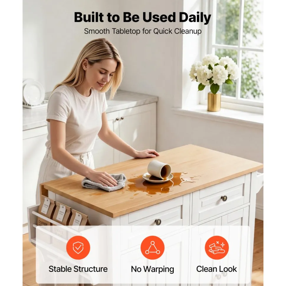 VEVOR Kitchen Island Cart with Storage, 43.58 in Wide Mobile Rolling Storage Island on Swivel Wheels, with 2 Drawers, Storage Cabinet, Drop Leaf, Spice/Towel Rack, Table for Home Dining Room, White