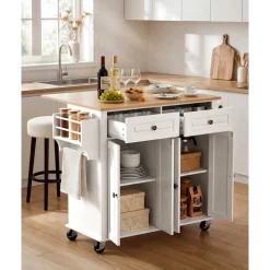 VEVOR Kitchen Island Cart with Storage, 43.58 in Wide Mobile Rolling Storage Island on Swivel Wheels, with 2 Drawers, Storage Cabinet, Drop Leaf, Spice/Towel Rack, Table for Home Dining Room, White