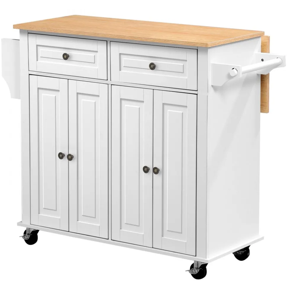 VEVOR Kitchen Island Cart with Storage, 43.58 in Wide Mobile Rolling Storage Island on Swivel Wheels, with 2 Drawers, Storage Cabinet, Drop Leaf, Spice/Towel Rack, Table for Home Dining Room, White