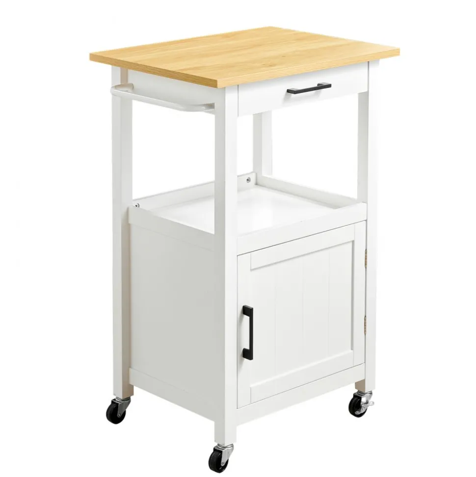 VEVOR Kitchen Island Cart with Single Door Cabinet, Mobile Carts with Drawer, Towel Rack, Hooks, Portable Table on Swivel Wheels, Small Coffee Islands Microwave Stand for Dining Room, 18x23 in, White