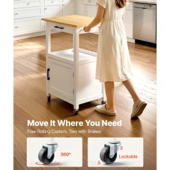 VEVOR Kitchen Island Cart with Single Door Cabinet, Mobile Carts with Drawer, Towel Rack, Hooks, Portable Table on Swivel Wheels, Small Coffee Islands Microwave Stand for Dining Room, 18x23 in, White