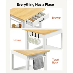 VEVOR Kitchen Island Cart with Single Door Cabinet, Mobile Carts with Drawer, Towel Rack, Hooks, Portable Table on Swivel Wheels, Small Coffee Islands Microwave Stand for Dining Room, 18x23 in, White