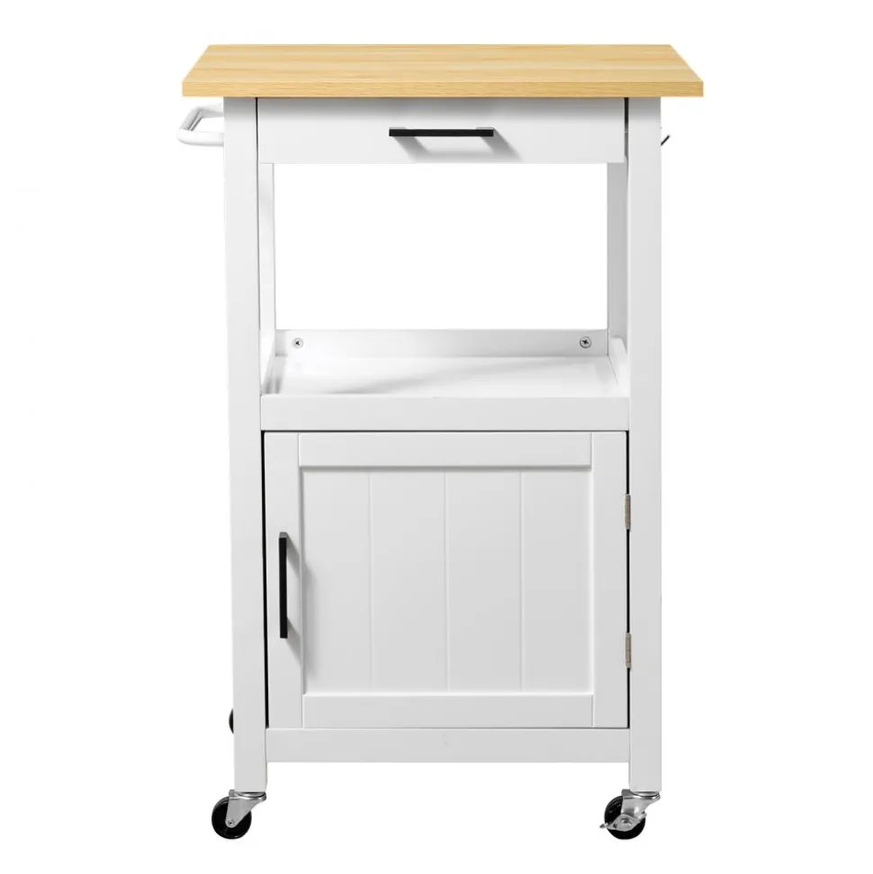 VEVOR Kitchen Island Cart with Single Door Cabinet, Mobile Carts with Drawer, Towel Rack, Hooks, Portable Table on Swivel Wheels, Small Coffee Islands Microwave Stand for Dining Room, 18x23 in, White
