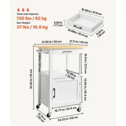 VEVOR Kitchen Island Cart with Single Door Cabinet, Mobile Carts with Drawer, Towel Rack, Hooks, Portable Table on Swivel Wheels, Small Coffee Islands Microwave Stand for Dining Room, 18x23 in, White