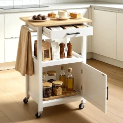 VEVOR Kitchen Island Cart with Single Door Cabinet, Mobile Carts with Drawer, Towel Rack, Hooks, Portable Table on Swivel Wheels, Small Coffee Islands Microwave Stand for Dining Room, 18x23 in, White