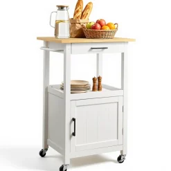 VEVOR Kitchen Island Cart with Single Door Cabinet, Mobile Carts with Drawer, Towel Rack, Hooks, Portable Table on Swivel Wheels, Small Coffee Islands Microwave Stand for Dining Room, 18x23 in, White