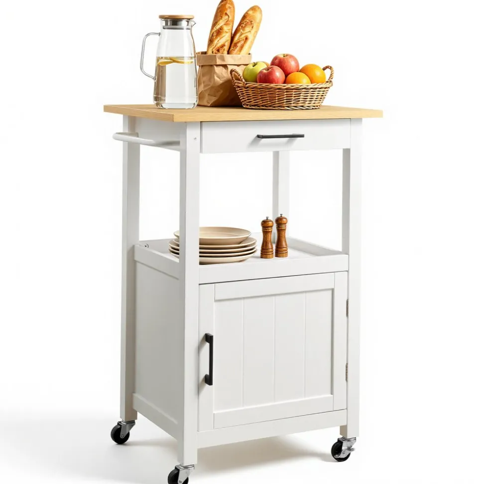 VEVOR Kitchen Island Cart with Single Door Cabinet, Mobile Carts with Drawer, Towel Rack, Hooks, Portable Table on Swivel Wheels, Small Coffee Islands Microwave Stand for Dining Room, 18x23 in, White