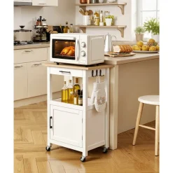 VEVOR Kitchen Island Cart with Single Door Cabinet, Mobile Carts with Drawer, Towel Rack, Hooks, Portable Table on Swivel Wheels, Small Coffee Islands Microwave Stand for Dining Room, 18x23 in, White
