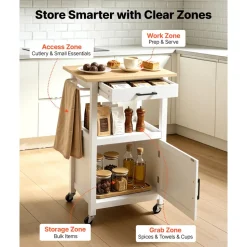 VEVOR Kitchen Island Cart with Single Door Cabinet, Mobile Carts with Drawer, Towel Rack, Hooks, Portable Table on Swivel Wheels, Small Coffee Islands Microwave Stand for Dining Room, 18x23 in, White