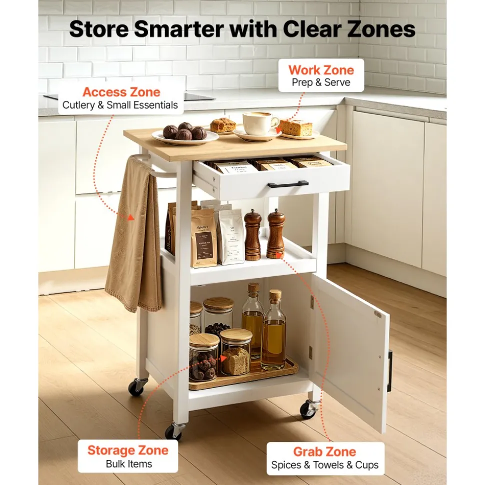 VEVOR Kitchen Island Cart with Single Door Cabinet, Mobile Carts with Drawer, Towel Rack, Hooks, Portable Table on Swivel Wheels, Small Coffee Islands Microwave Stand for Dining Room, 18x23 in, White
