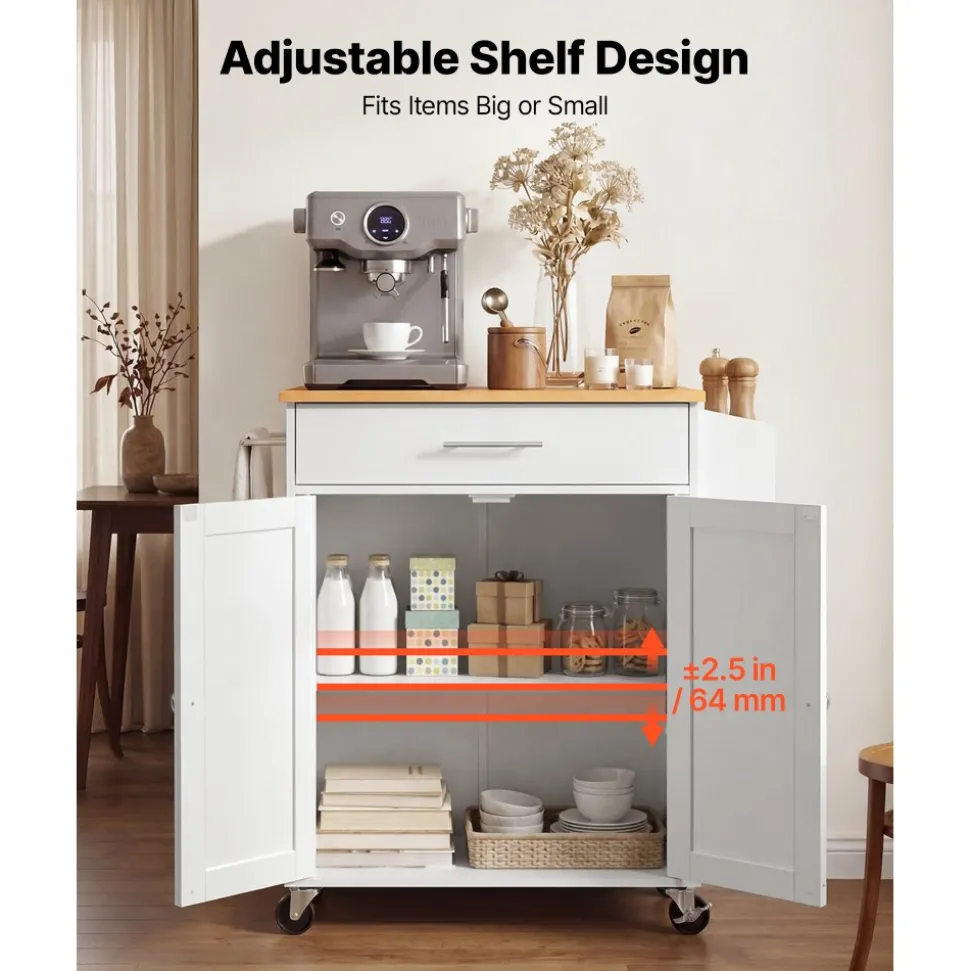 VEVOR Kitchen Island Cart with Storage, 46.06 in Wide Mobile Rolling Storage Island on Swivel Wheels, with Drawer, Storage Cabinet, Drop Leaf, Spice/Towel Rack, Table for Home Dining Room, White