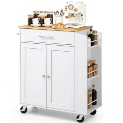 VEVOR Kitchen Island Cart with Storage, 46.06 in Wide Mobile Rolling Storage Island on Swivel Wheels, with Drawer, Storage Cabinet, Drop Leaf, Spice/Towel Rack, Table for Home Dining Room, White