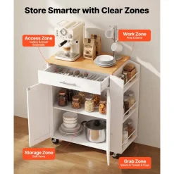 VEVOR Kitchen Island Cart with Storage, 46.06 in Wide Mobile Rolling Storage Island on Swivel Wheels, with Drawer, Storage Cabinet, Drop Leaf, Spice/Towel Rack, Table for Home Dining Room, White