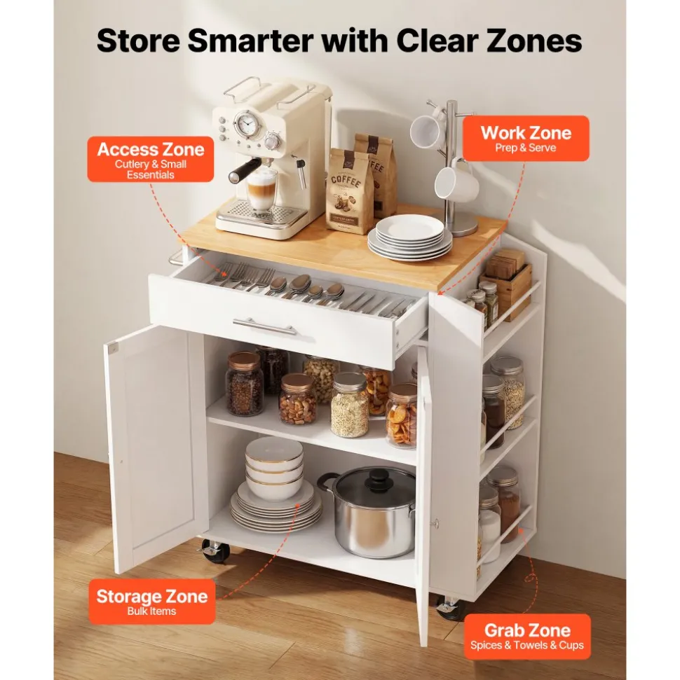 VEVOR Kitchen Island Cart with Storage, 46.06 in Wide Mobile Rolling Storage Island on Swivel Wheels, with Drawer, Storage Cabinet, Drop Leaf, Spice/Towel Rack, Table for Home Dining Room, White