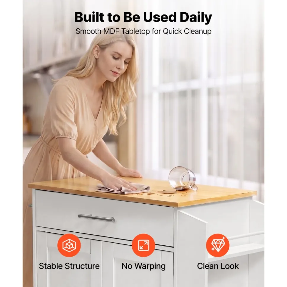 VEVOR Kitchen Island Cart with Storage, 46.06 in Wide Mobile Rolling Storage Island on Swivel Wheels, with Drawer, Storage Cabinet, Drop Leaf, Spice/Towel Rack, Table for Home Dining Room, White