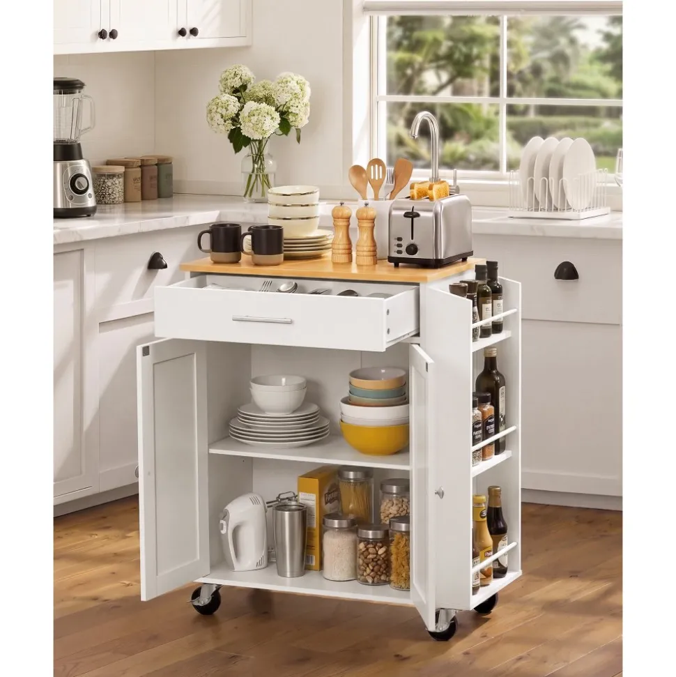 VEVOR Kitchen Island Cart with Storage, 46.06 in Wide Mobile Rolling Storage Island on Swivel Wheels, with Drawer, Storage Cabinet, Drop Leaf, Spice/Towel Rack, Table for Home Dining Room, White