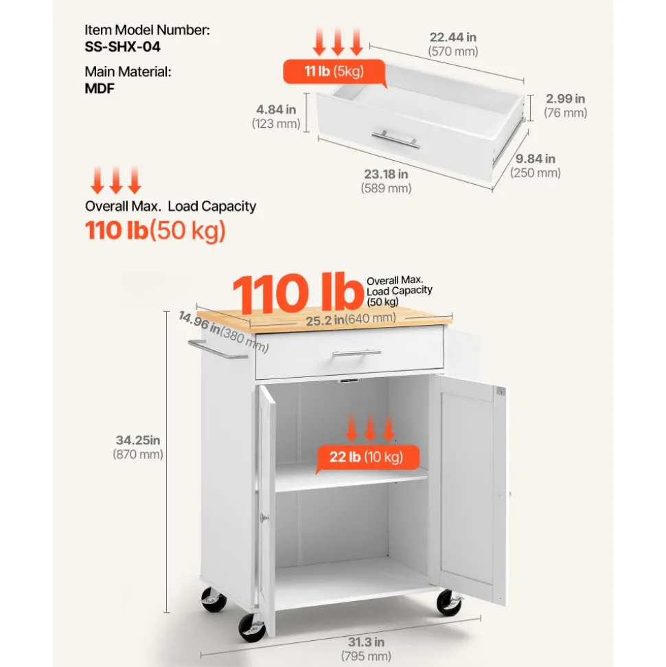 VEVOR Kitchen Island Cart with Storage, 46.06 in Wide Mobile Rolling Storage Island on Swivel Wheels, with Drawer, Storage Cabinet, Drop Leaf, Spice/Towel Rack, Table for Home Dining Room, White