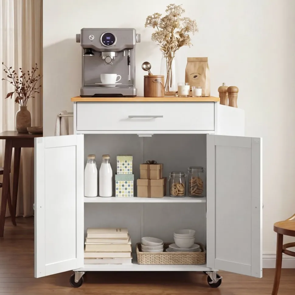 VEVOR Kitchen Island Cart with Storage, 46.06 in Wide Mobile Rolling Storage Island on Swivel Wheels, with Drawer, Storage Cabinet, Drop Leaf, Spice/Towel Rack, Table for Home Dining Room, White