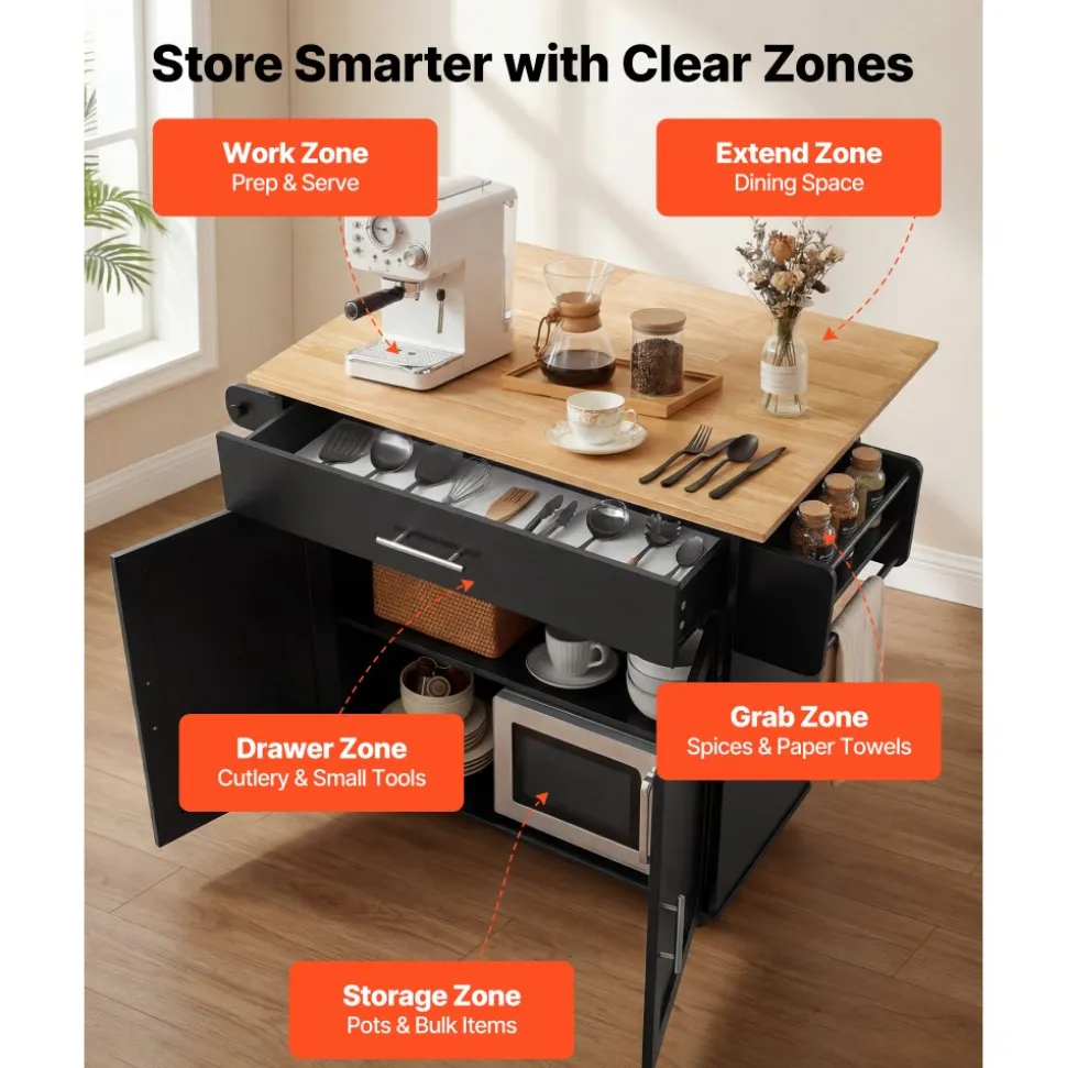 VEVOR Kitchen Island Cart with Storage, 24.84 in Wide Mobile Rolling Storage Island on Swivel Wheels, with Drawer, Storage Cabinet, Towel Rack, Hooks, Table for Home Dining Room, White