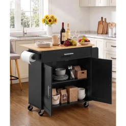 VEVOR Kitchen Island Cart with Storage, 24.84 in Wide Mobile Rolling Storage Island on Swivel Wheels, with Drawer, Storage Cabinet, Towel Rack, Hooks, Table for Home Dining Room, White