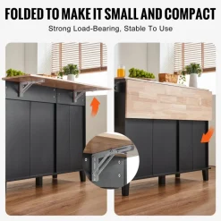 VEVOR Kitchen Island Cart, 50" Wood Top Breakfast Bar with Trash Cabinet Tilt Out 10 Gallon Storage, Farmhouse Dining Living Room Table with Drop Leaf, Towel Bar, Drawer, Black
