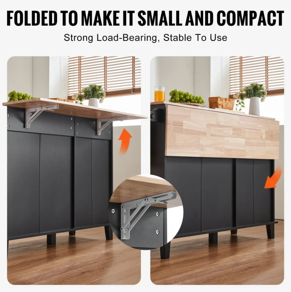VEVOR Kitchen Island Cart, 50" Wood Top Breakfast Bar with Trash Cabinet Tilt Out 10 Gallon Storage, Farmhouse Dining Living Room Table with Drop Leaf, Towel Bar, Drawer, Black
