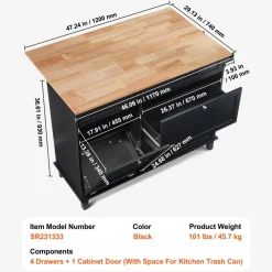 VEVOR Kitchen Island Cart, 50" Wood Top Breakfast Bar with Trash Cabinet Tilt Out 10 Gallon Storage, Farmhouse Dining Living Room Table with Drop Leaf, Towel Bar, Drawer, Black