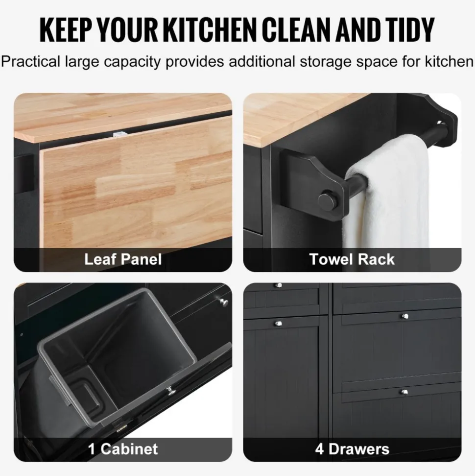 VEVOR Kitchen Island Cart, 50" Wood Top Breakfast Bar with Trash Cabinet Tilt Out 10 Gallon Storage, Farmhouse Dining Living Room Table with Drop Leaf, Towel Bar, Drawer, Black