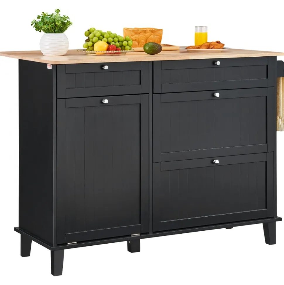 VEVOR Kitchen Island Cart, 50" Wood Top Breakfast Bar with Trash Cabinet Tilt Out 10 Gallon Storage, Farmhouse Dining Living Room Table with Drop Leaf, Towel Bar, Drawer, Black