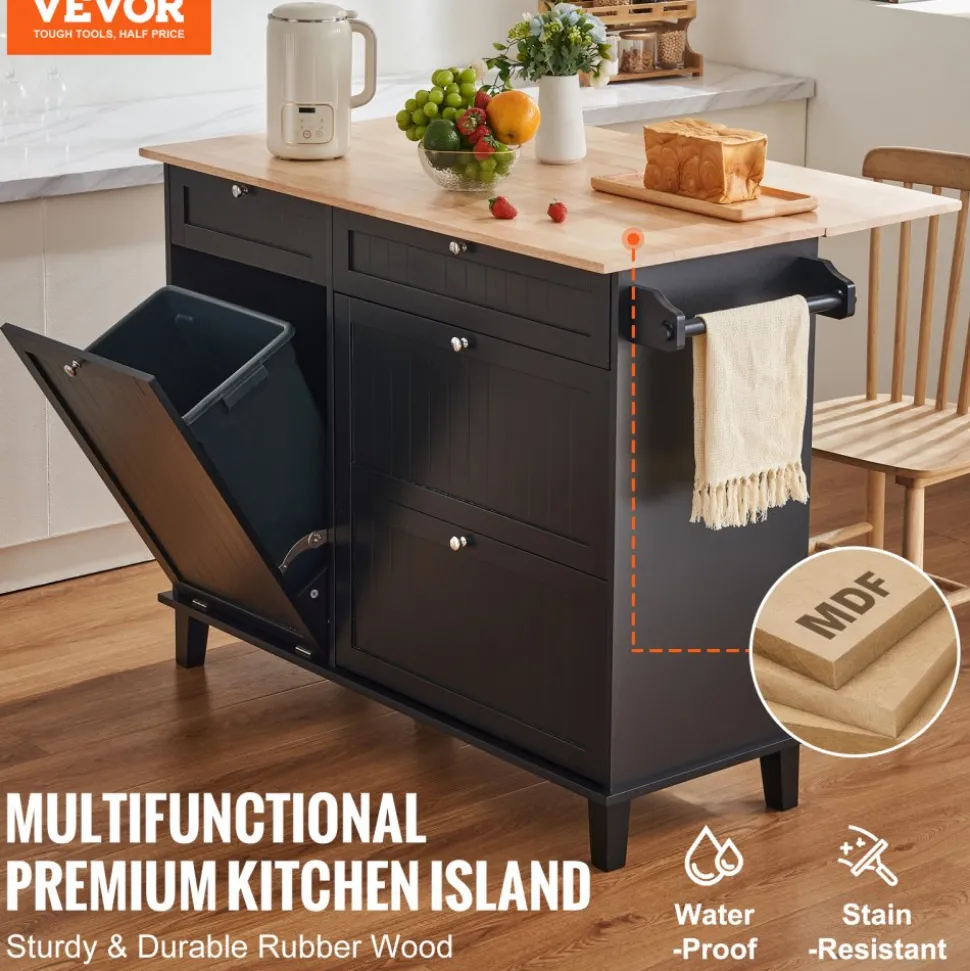 VEVOR Kitchen Island Cart, 50" Wood Top Breakfast Bar with Trash Cabinet Tilt Out 10 Gallon Storage, Farmhouse Dining Living Room Table with Drop Leaf, Towel Bar, Drawer, Black