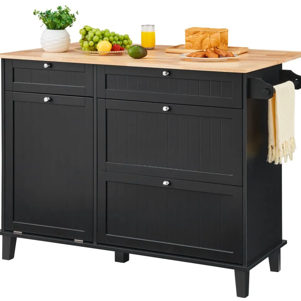 VEVOR Kitchen Island Cart, 50" Wood Top Breakfast Bar with Trash Cabinet Tilt Out 10 Gallon Storage, Farmhouse Dining Living Room Table with Drop Leaf, Towel Bar, Drawer, Black