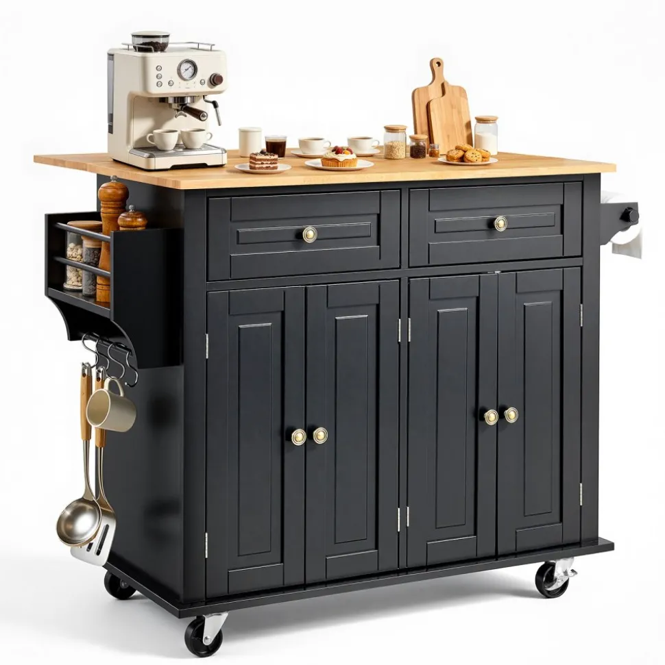 VEVOR Kitchen Island Cart, 43" Wood Top Mobile Carts with Storage Cabinet, Rolling Table with Drop Leaf, Spice Rack, Towel Bar, Adjustable Shelf, Drawer, and Hooks, Portable Islands on Wheels, Black
