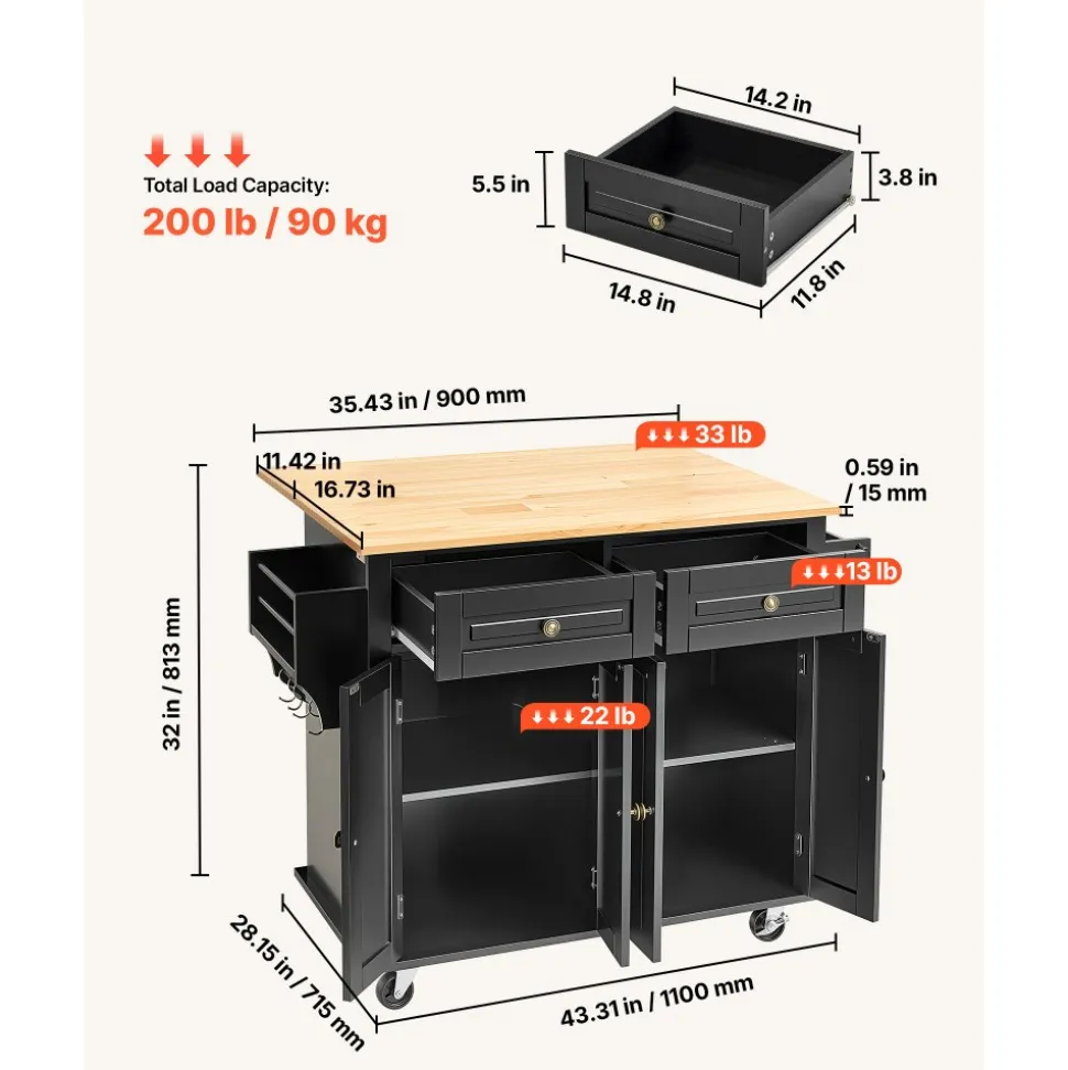 VEVOR Kitchen Island Cart, 43" Wood Top Mobile Carts with Storage Cabinet, Rolling Table with Drop Leaf, Spice Rack, Towel Bar, Adjustable Shelf, Drawer, and Hooks, Portable Islands on Wheels, Black