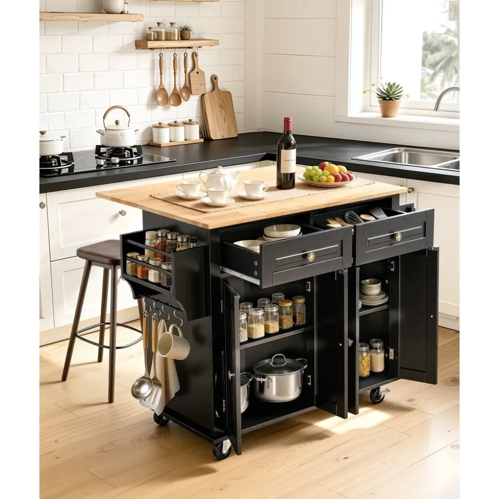 VEVOR Kitchen Island Cart, 43" Wood Top Mobile Carts with Storage Cabinet, Rolling Table with Drop Leaf, Spice Rack, Towel Bar, Adjustable Shelf, Drawer, and Hooks, Portable Islands on Wheels, Black
