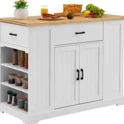 VEVOR Kitchen Island Cart, 46" Wood Top Breakfast Bar with Storage Cabinet, Farmhouse Kitchen Table with Adjustable Shelf, Drawer, for Dining Kitchen Living Room, White