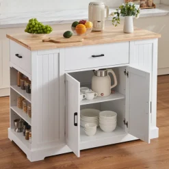 VEVOR Kitchen Island Cart, 46" Wood Top Breakfast Bar with Storage Cabinet, Farmhouse Kitchen Table with Adjustable Shelf, Drawer, for Dining Kitchen Living Room, White