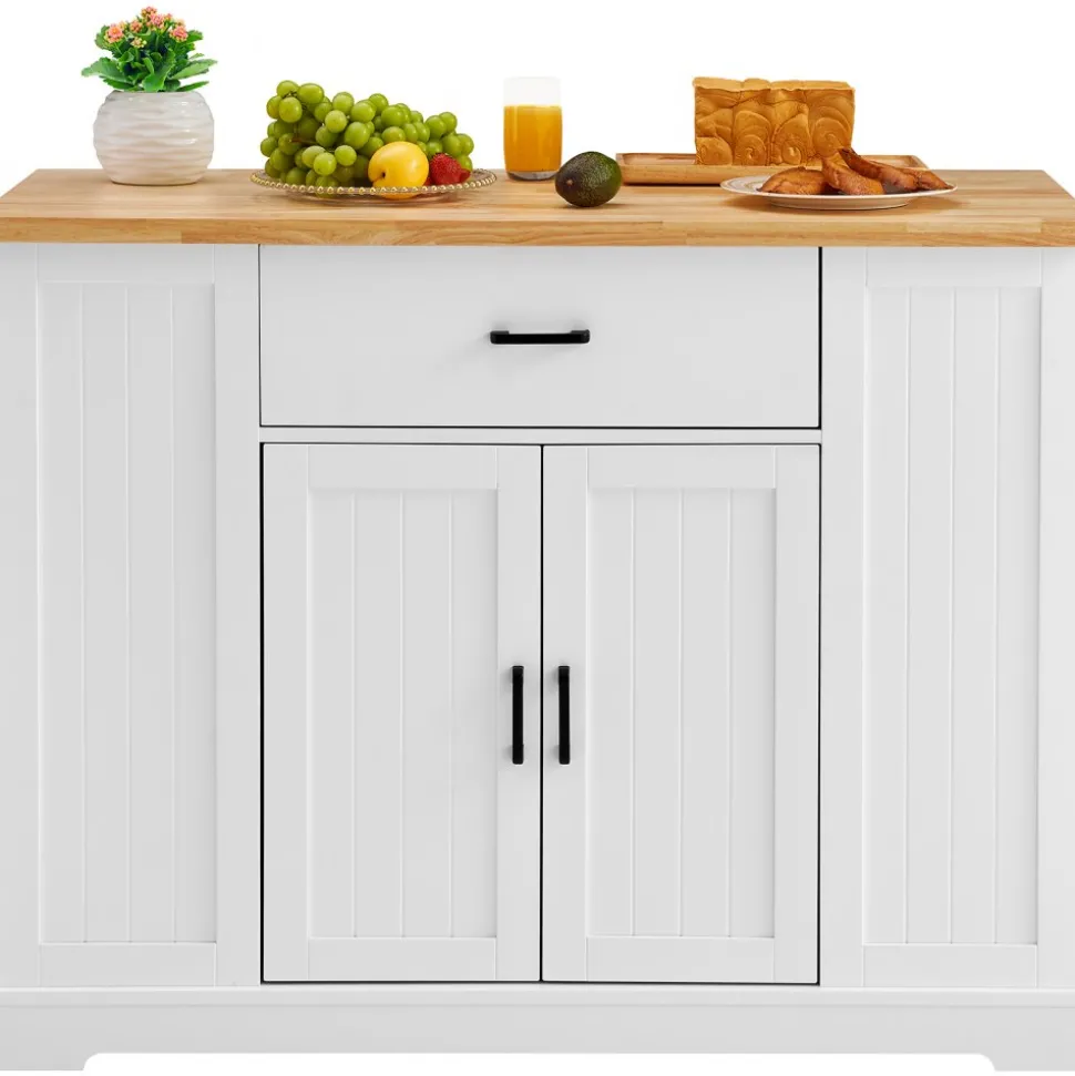 VEVOR Kitchen Island Cart, 46" Wood Top Breakfast Bar with Storage Cabinet, Farmhouse Kitchen Table with Adjustable Shelf, Drawer, for Dining Kitchen Living Room, White