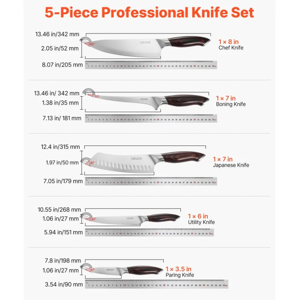 VEVOR Kitchen Knife Set, 5 Piece High Carbon Stainless Steel Sharp Knife Set, Durable and Rust-Resistant, Professional Kitchen Cutlery with Ergonomic Crack-Resistant Handle, for Precise Cutting